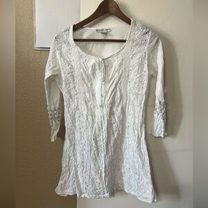 Cute Options White Embroidered Tunic Size M BohoChic Y2K Whimsical Fairycore